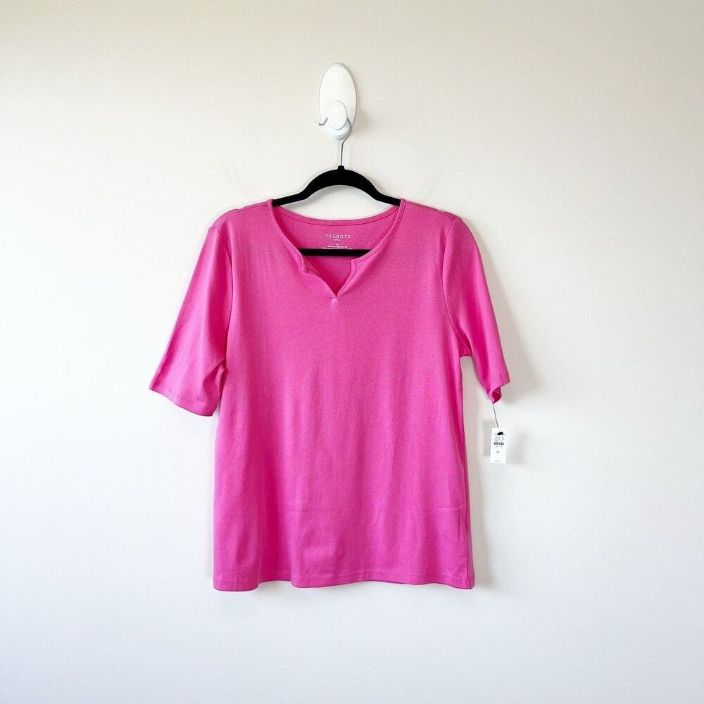 The Talbots Tee Split V-Neck Elbow Sleeve T-Shirt Pink 100% Cotton Petite L NWTs
